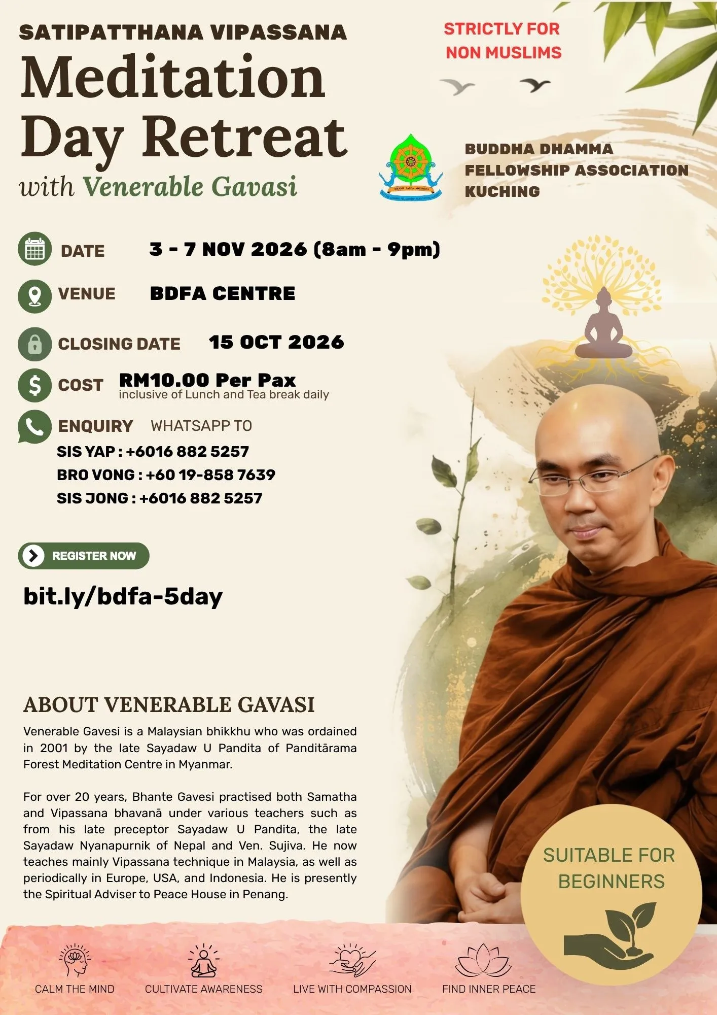 Poster: Satipatthana Vipassana Meditation Day Retreat with Venerable Gavesi