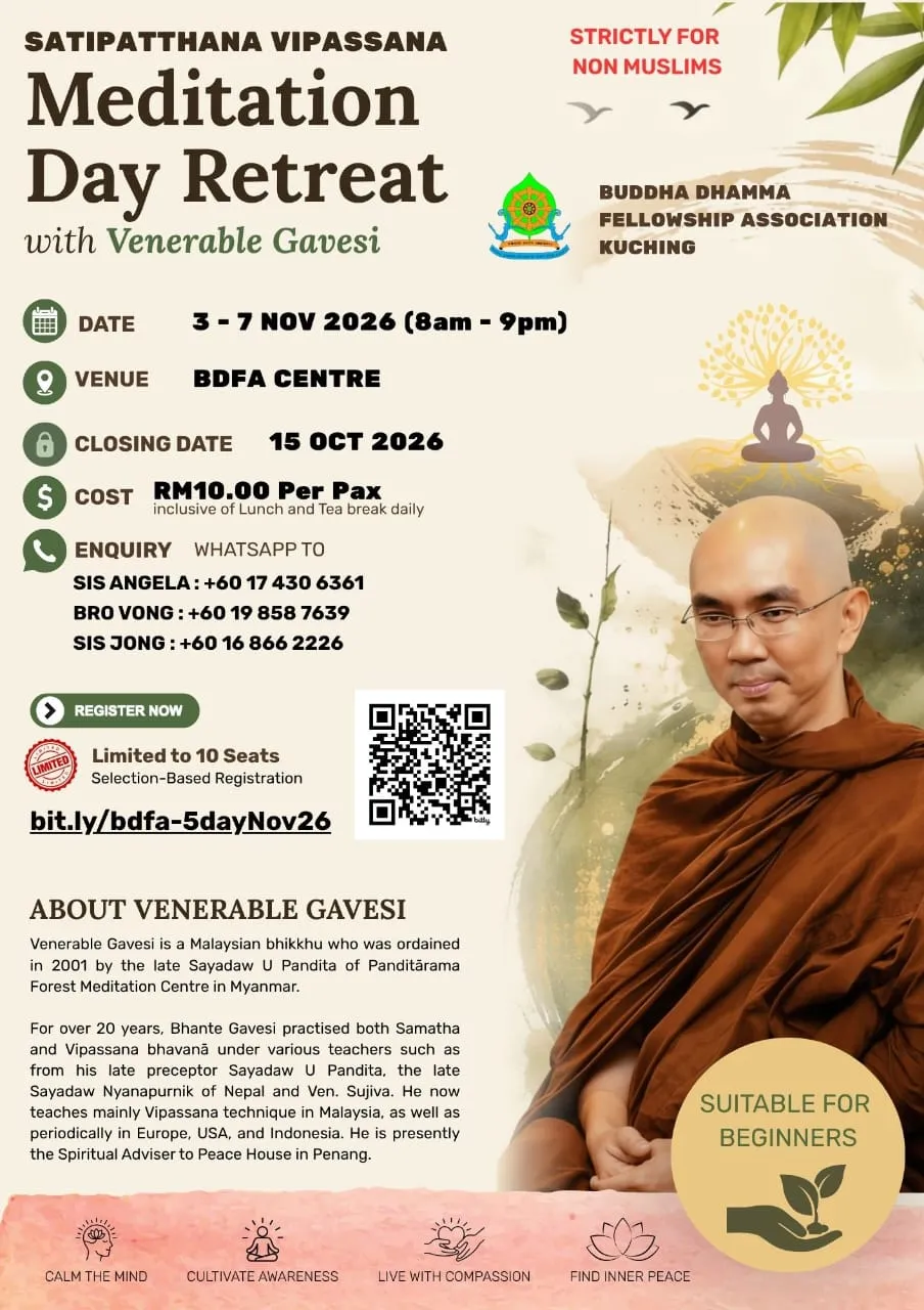 Poster: Satipatthana Vipassana Meditation Day Retreat with Venerable Gavesi